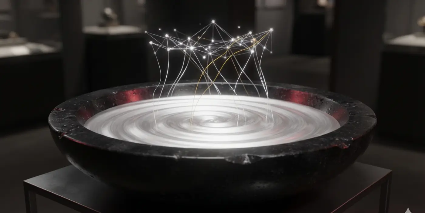 Pensieve key art: an obsidian basin of swirling silver memory with a constellation rising from it